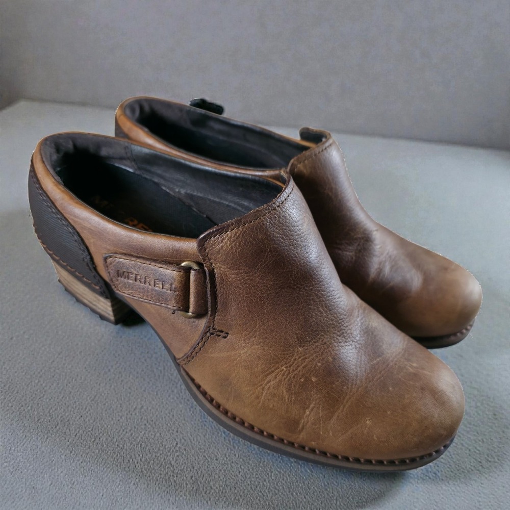 Merrell Shiloh Heeled Slide Clogs Shoes Brown Leather Oak Women's Size 7